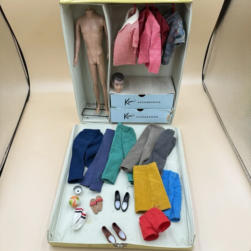 Vintage 1961 Mattel Ken Doll Lot Gold Case Clothing Acc Head Off TLC Collectible